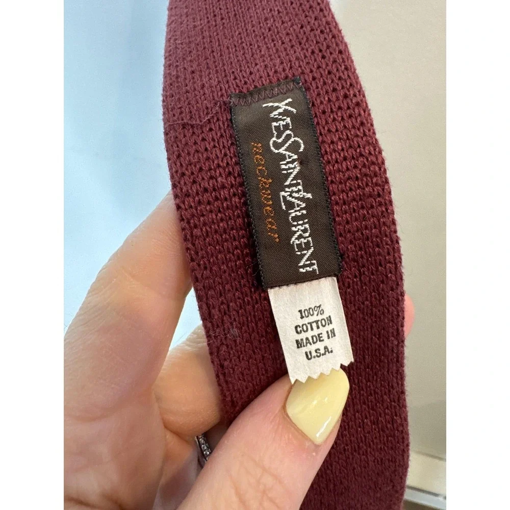 Vintage Yves Saint Laurent Tie Mens One Size Red‎ Knit Cotton Skinny Logo USA